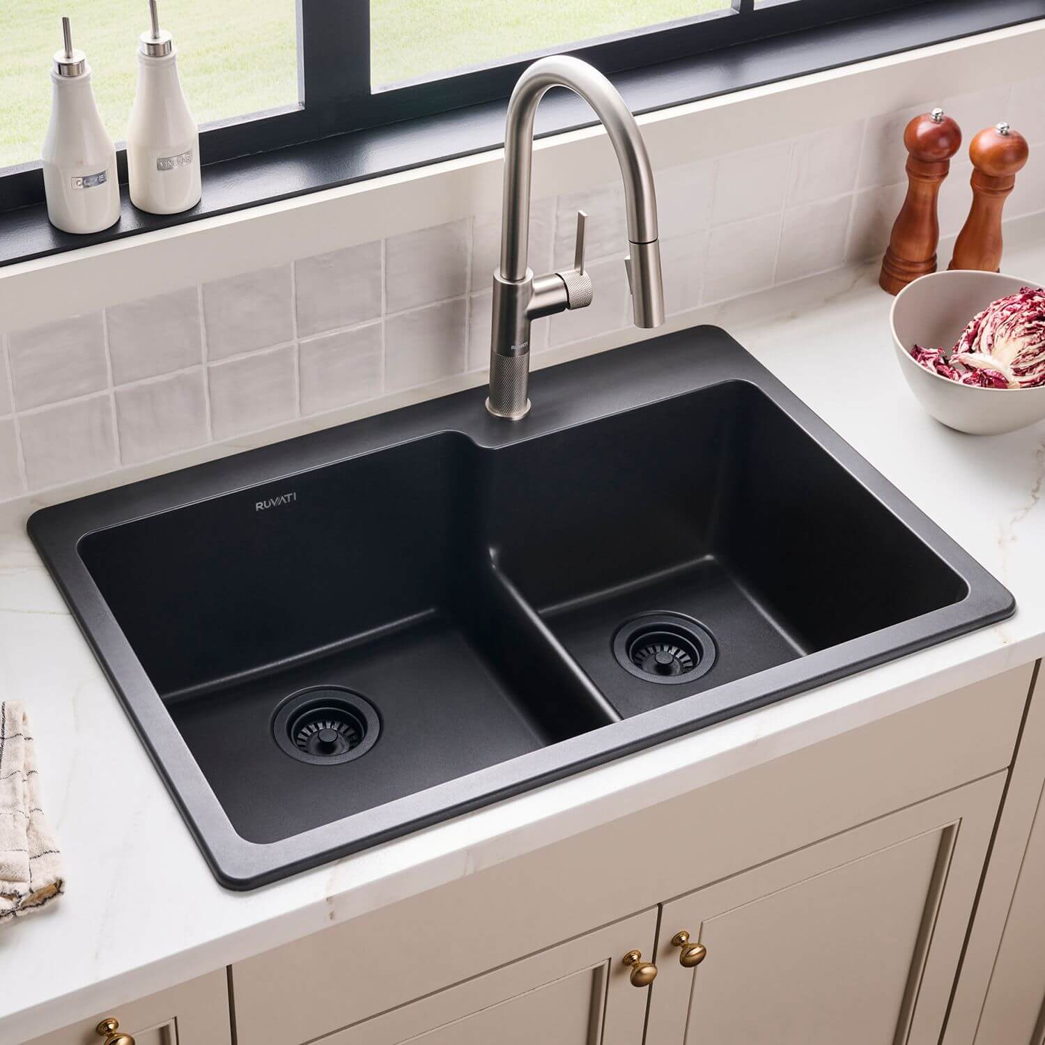 Ruvati epiGranite 33" Drop In Granite Composite Workstation Kitchen Sink, 60/40 Double Bowl, Midnight Black, RVG1347BK