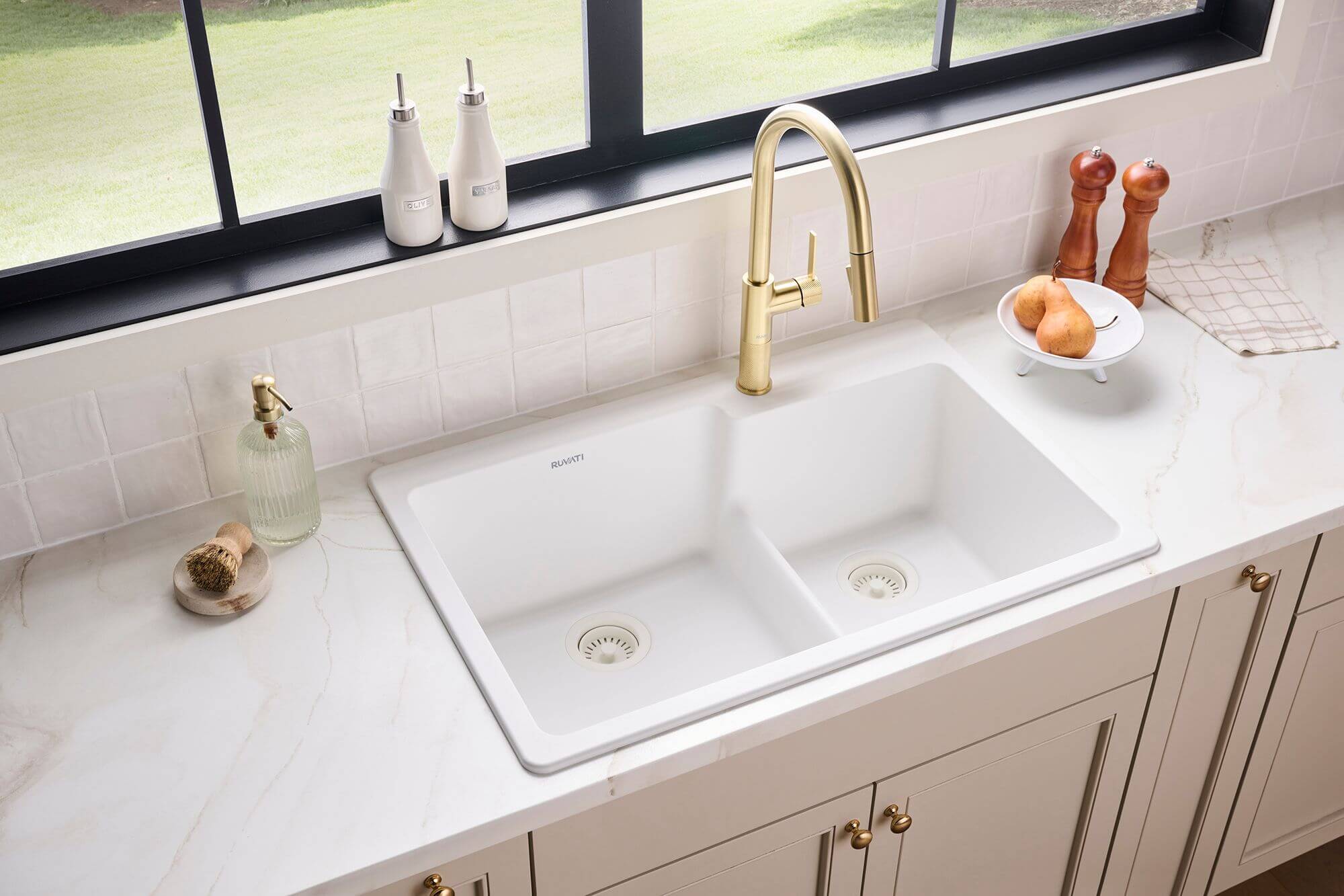 Ruvati epiGranite 33" Drop In Granite Composite Workstation Kitchen Sink, 60/40 Double Bowl, Arctic White Matte, RVG1347WH Product Image
