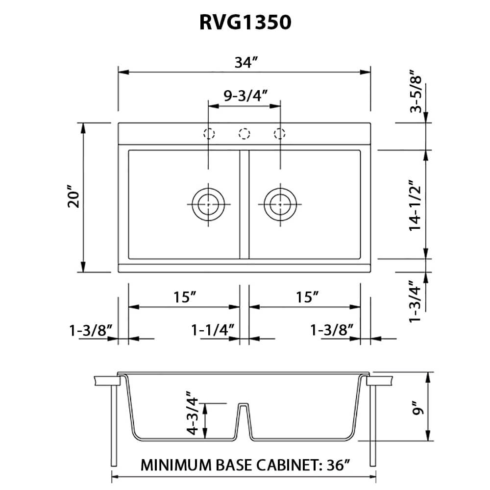 Dimensions Image for Ruvati epiGranite 34" Drop In Granite Composite Workstation Kitchen Sink, 50/50 Arctic White, RVG1350WH