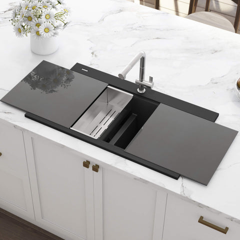 Main Image of Ruvati epiGranite 34" Drop In Granite Composite Workstation Kitchen Sink, 50/50 Midnight Black, RVG1350BK