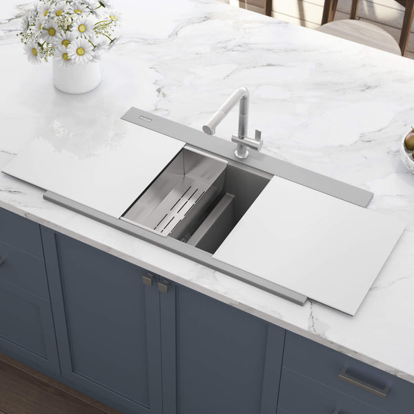 Main Image of Ruvati epiGranite 34" Drop In Granite Composite Workstation Kitchen Sink, 50/50 Silver Gray, RVG1350GR
