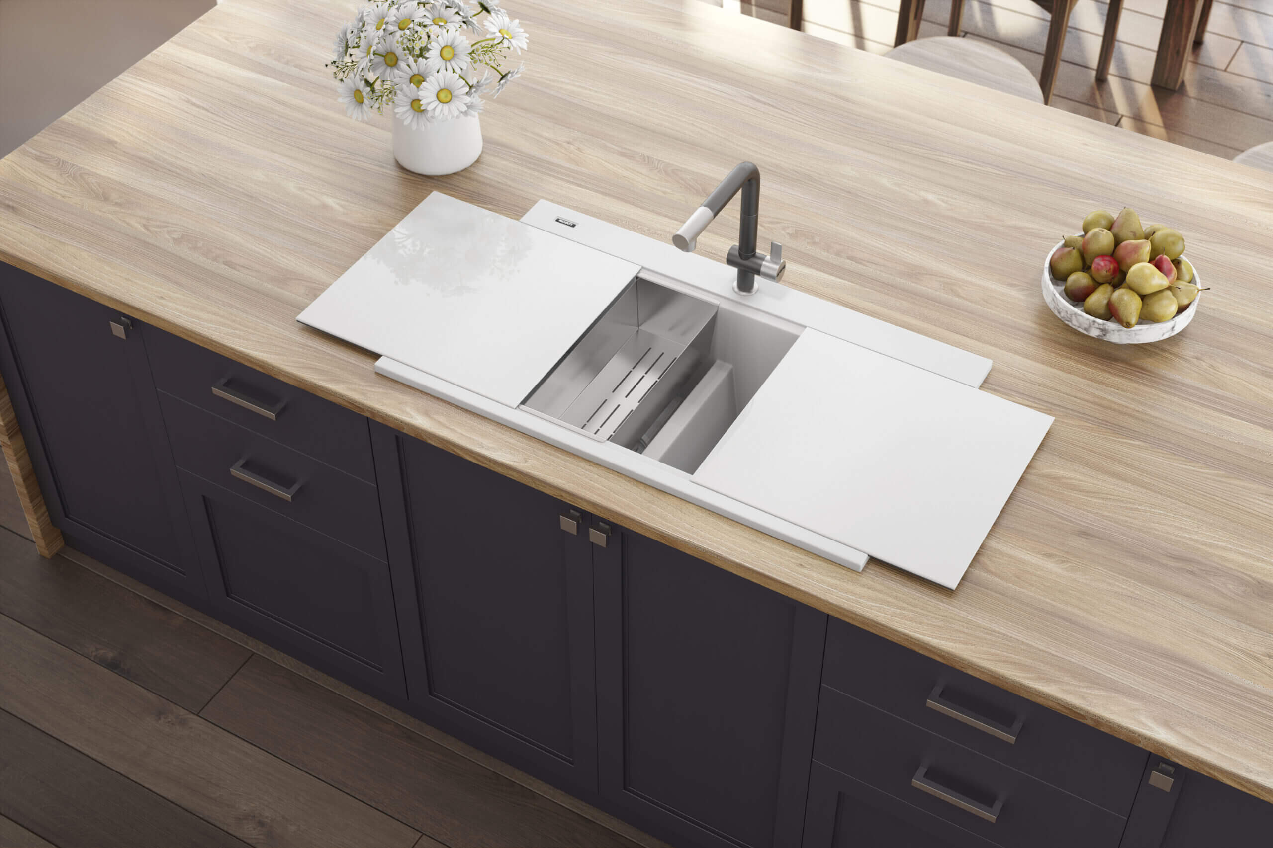 Alternative View of Ruvati epiGranite 34" Drop In Granite Composite Workstation Kitchen Sink, 50/50 Arctic White, RVG1350WH