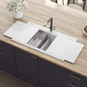 Alternate Image for Ruvati epiGranite 34" Drop In Granite Composite Workstation Kitchen Sink, 50/50 Arctic White, RVG1350WH