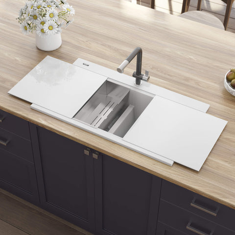 Main Image of Ruvati epiGranite 34" Drop In Granite Composite Workstation Kitchen Sink, 50/50 Arctic White, RVG1350WH