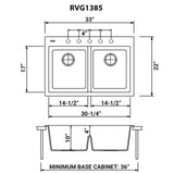 Dimensions for Ruvati epiGranite 33" Drop-in Topmount Granite Composite Kitchen Sink, 50/50 Low Divide Double Bowl, Midnight Black, RVG1385BK