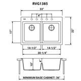 Dimensions Image for Ruvati epiGranite 33" Drop-in Topmount Granite Composite Kitchen Sink, 50/50 Low Divide Double Bowl, Midnight Black, RVG1385BK