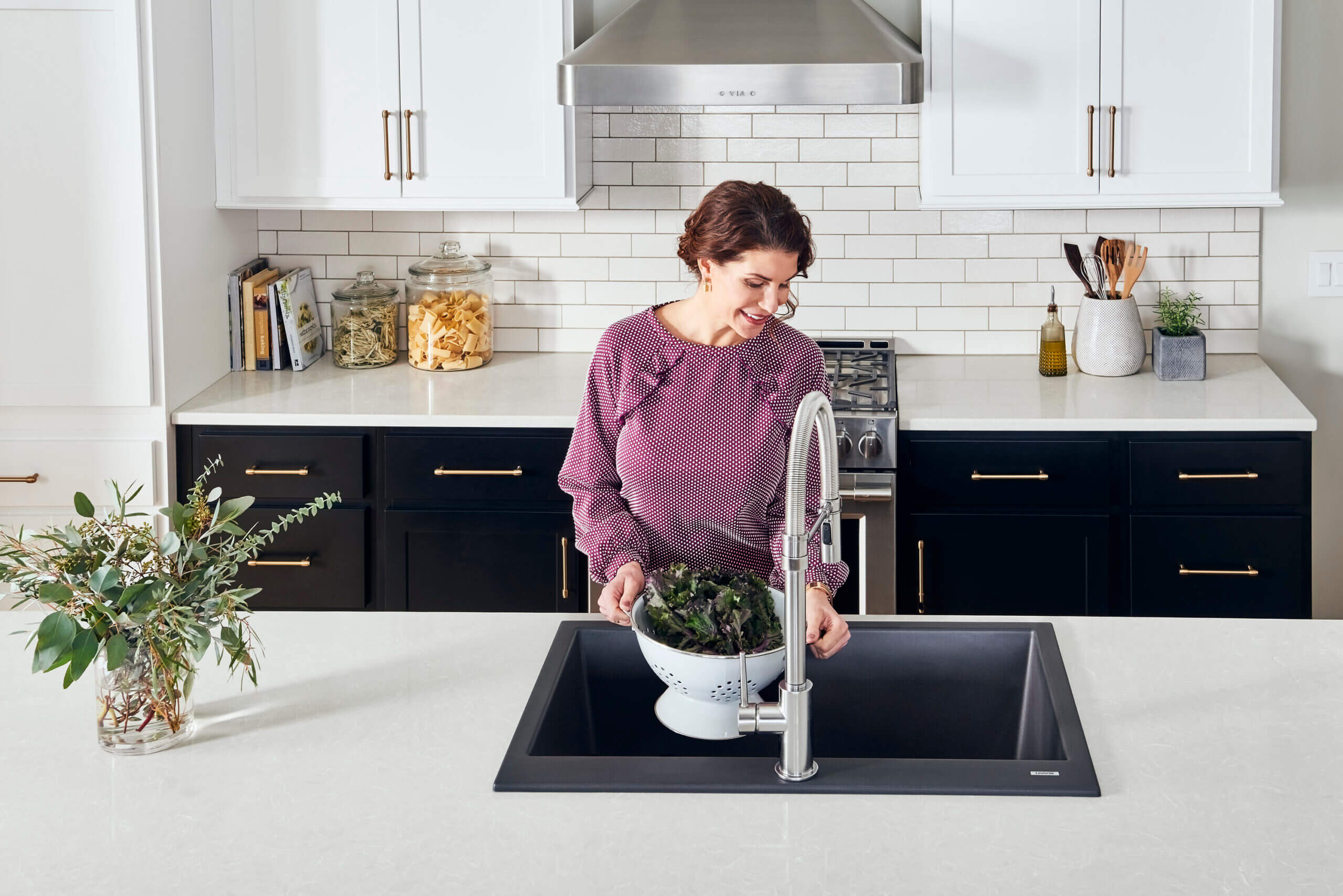 Alternative View of Ruvati epiGranite 33" Drop-in Topmount Granite Composite Kitchen Sink, 50/50 Low Divide Double Bowl, Midnight Black, RVG1385BK