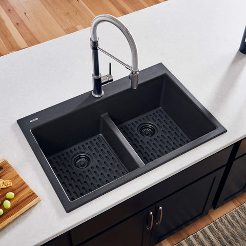 Main Image of Ruvati epiGranite 33" Drop-in Topmount Granite Composite Kitchen Sink, 50/50 Low Divide Double Bowl, Midnight Black, RVG1385BK