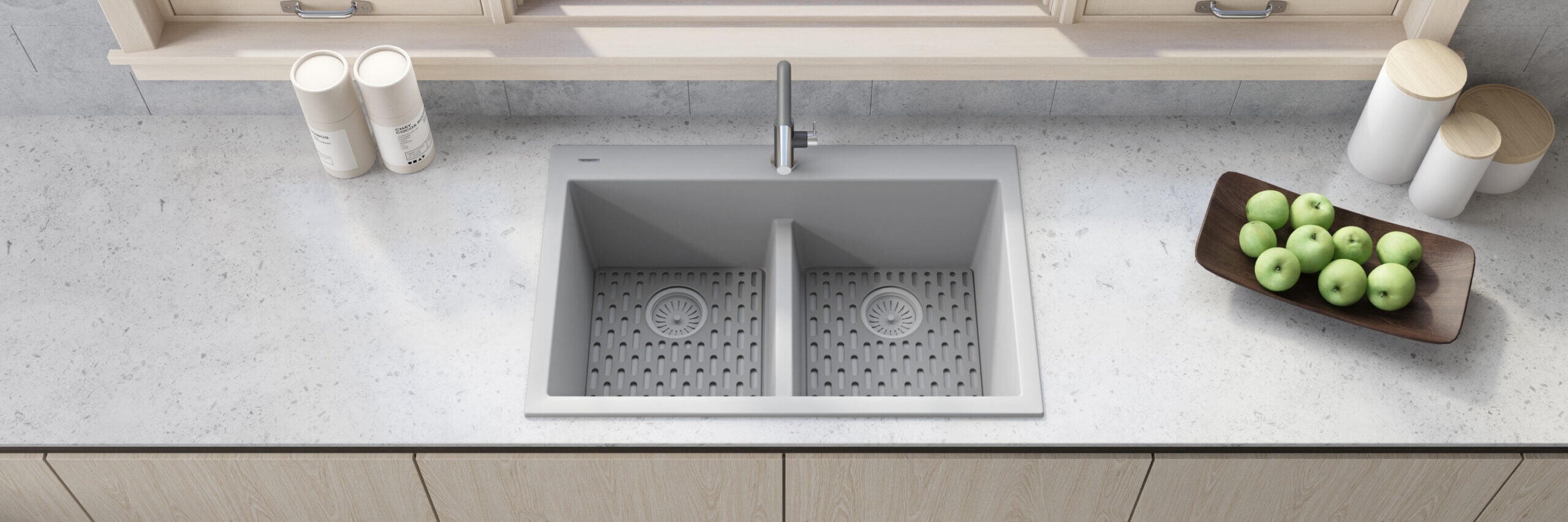 Alternative View of Ruvati epiGranite 33" Drop-in Topmount Granite Composite Kitchen Sink, 50/50 Low Divide Double Bowl, Silver Gray, RVG1385GR