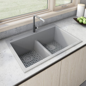 Alternate Image for Ruvati epiGranite 33" Drop-in Topmount Granite Composite Kitchen Sink, 50/50 Low Divide Double Bowl, Silver Gray, RVG1385GR