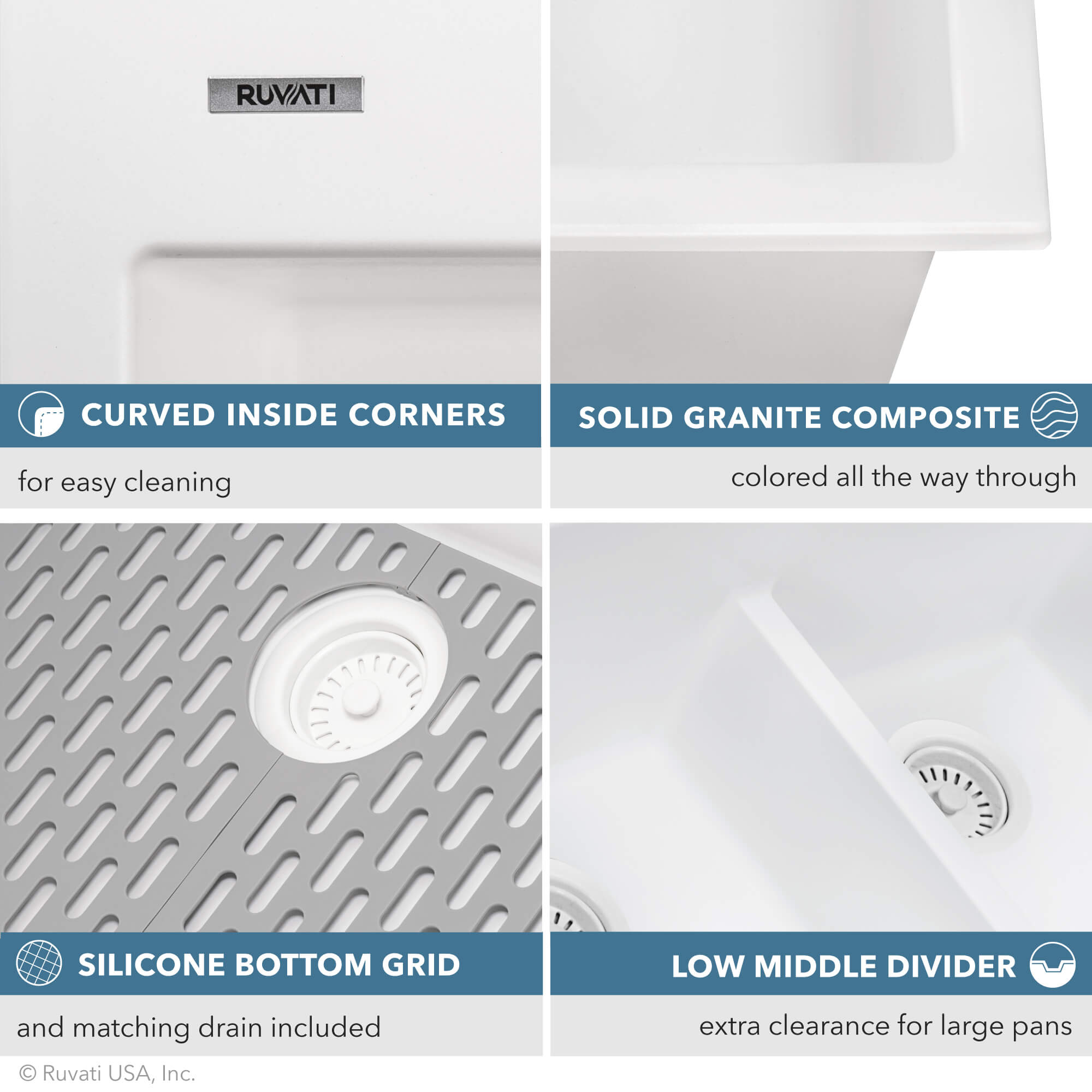 Alternative View of Ruvati epiGranite 33" Drop-in Topmount Granite Composite Kitchen Sink, 50/50 Low Divide Double Bowl, Arctic White, RVG1385WH