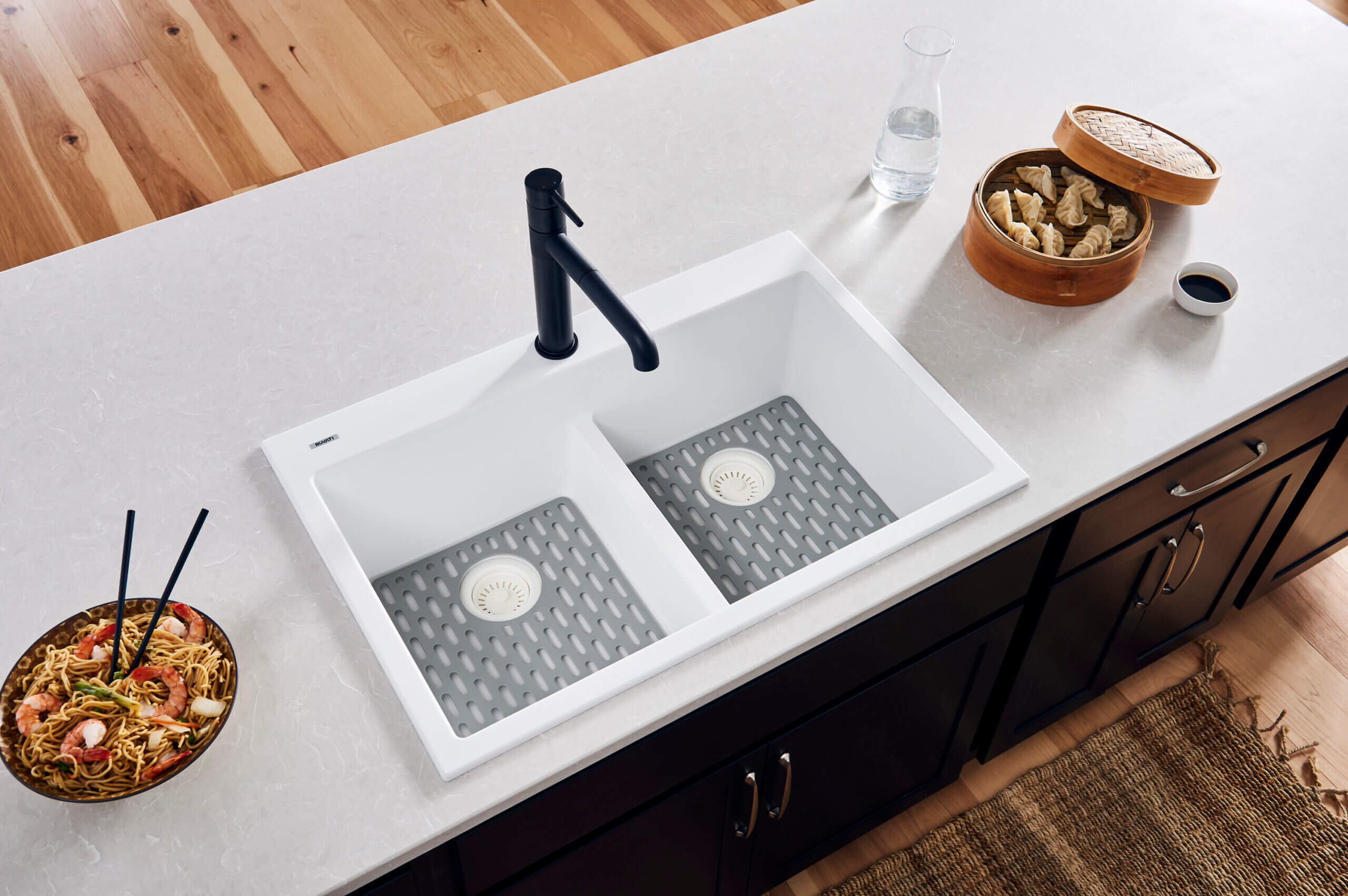 Alternative View of Ruvati epiGranite 33" Drop-in Topmount Granite Composite Kitchen Sink, 50/50 Low Divide Double Bowl, Arctic White, RVG1385WH