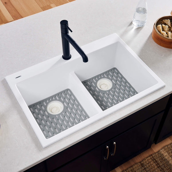 Main Image of Ruvati epiGranite 33" Drop-in Topmount Granite Composite Kitchen Sink, 50/50 Low Divide Double Bowl, Arctic White, RVG1385WH