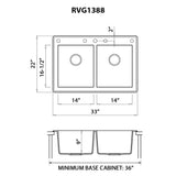 Dimensions for Ruvati epiGranite 33" Dual-Mount Granite Composite Kitchen Sink, 50/50 Double Bowl, Urban Gray, RVG1388GR
