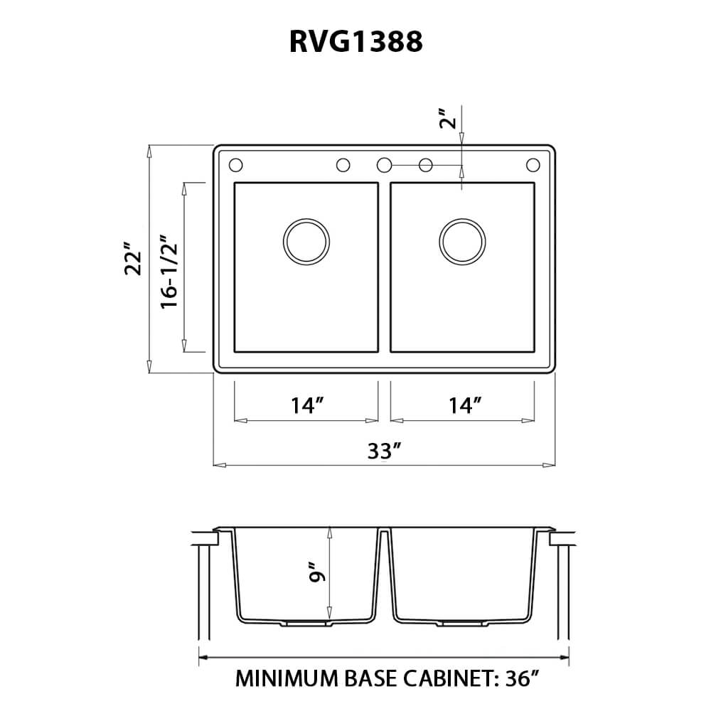 Dimensions Image for Ruvati epiGranite 33" Dual-Mount Granite Composite Kitchen Sink, 50/50 Double Bowl, Arctic White, RVG1388WH