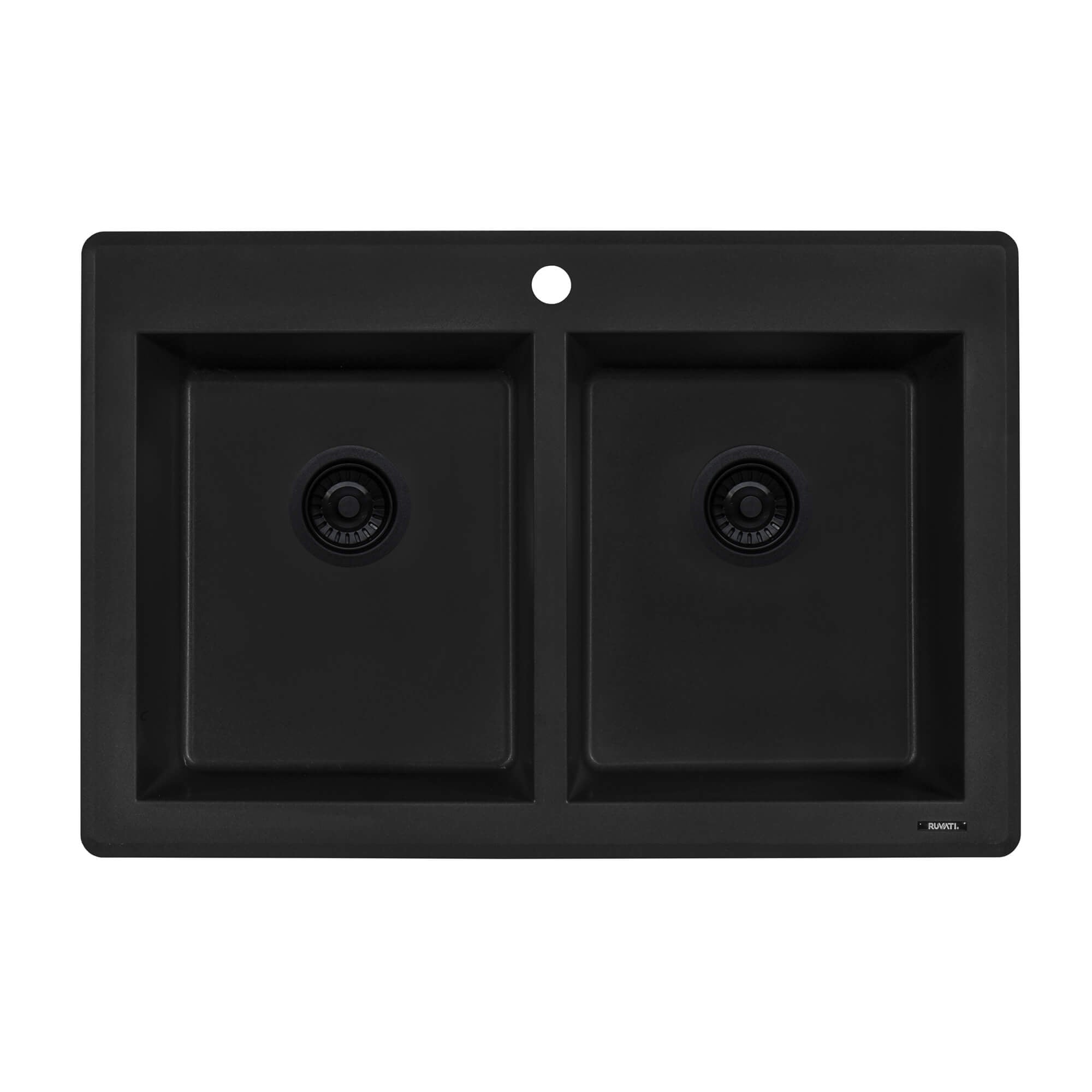 Alternative View of Ruvati epiGranite 33" Dual-Mount Granite Composite Kitchen Sink, 50/50 Double Bowl, Midnight Black, RVG1388BK