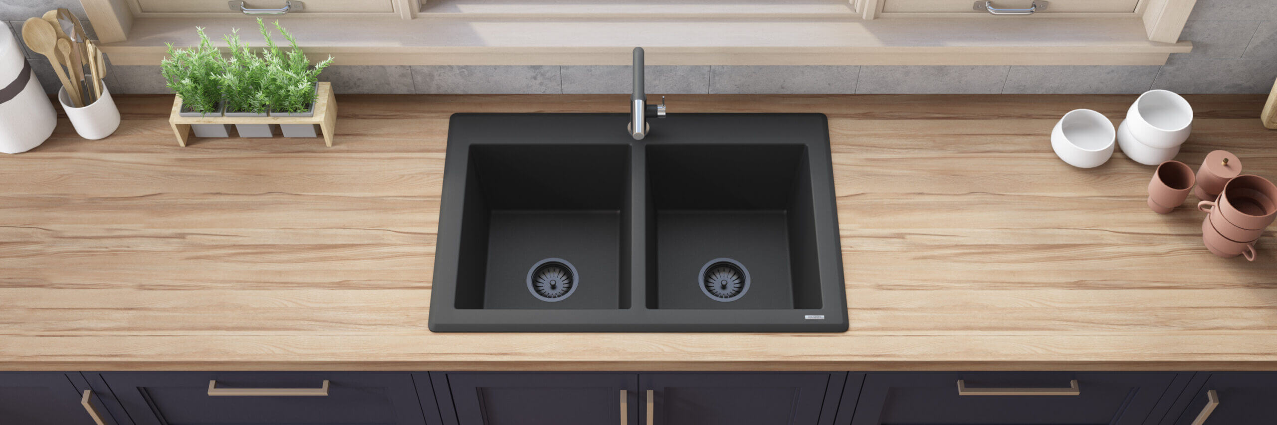 Alternative View of Ruvati epiGranite 33" Dual-Mount Granite Composite Kitchen Sink, 50/50 Double Bowl, Midnight Black, RVG1388BK