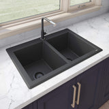 Main Image of Ruvati epiGranite 33" Dual-Mount Granite Composite Kitchen Sink, 50/50 Double Bowl, Midnight Black, RVG1388BK