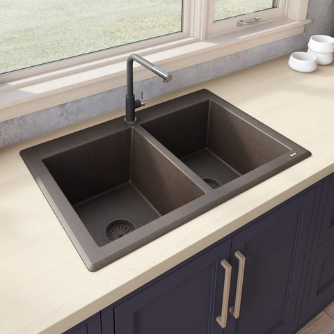 Main Image of Ruvati epiGranite 33" Dual-Mount Granite Composite Kitchen Sink, 50/50 Double Bowl, Espresso / Coffee Brown, RVG1388ES