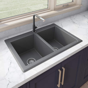 Alternate Image for Ruvati epiGranite 33" Dual-Mount Granite Composite Kitchen Sink, 50/50 Double Bowl, Urban Gray, RVG1388GR