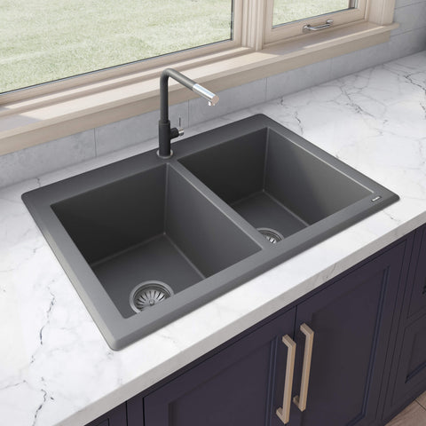 Main Image of Ruvati epiGranite 33" Dual-Mount Granite Composite Kitchen Sink, 50/50 Double Bowl, Urban Gray, RVG1388GR