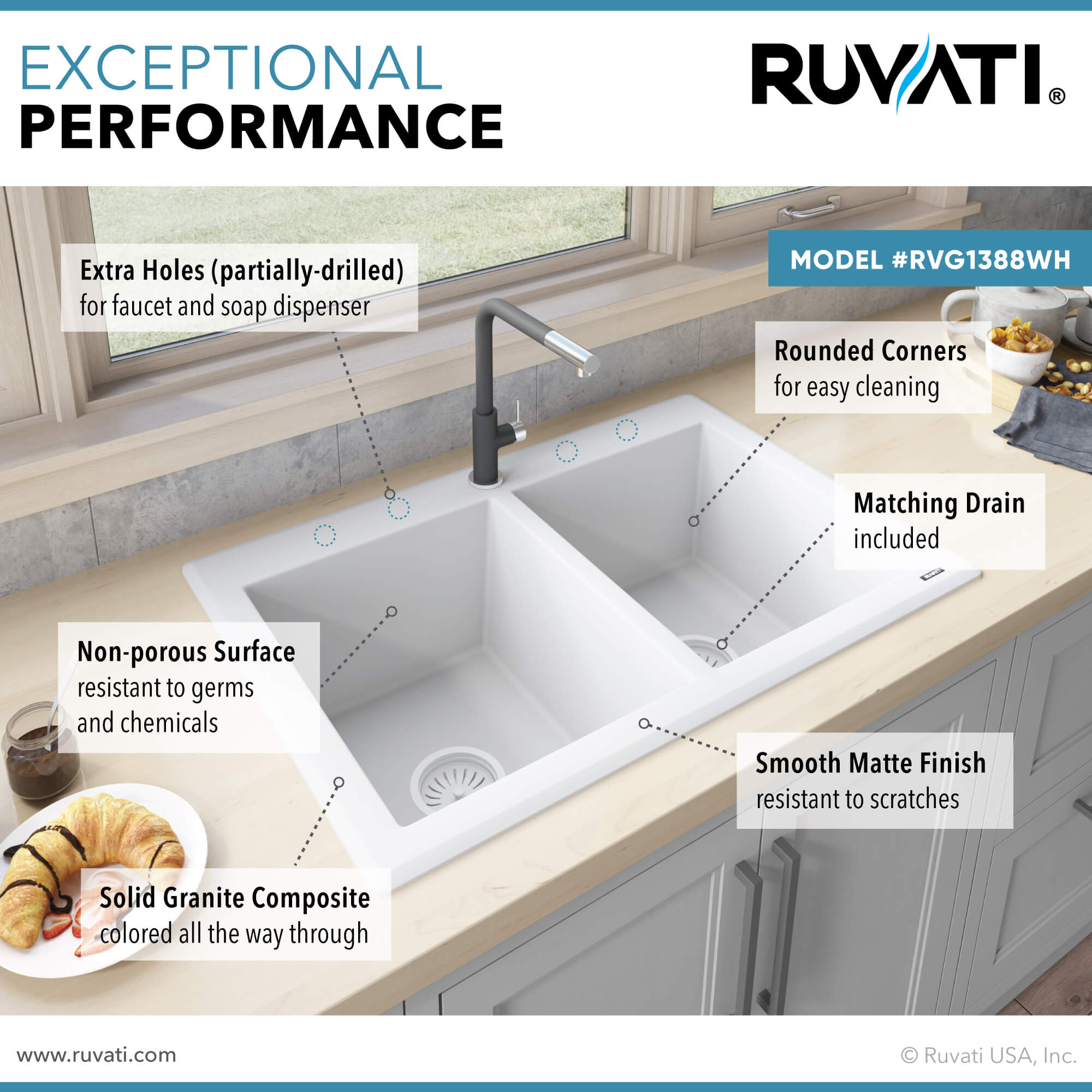 Alternative View of Ruvati epiGranite 33" Dual-Mount Granite Composite Kitchen Sink, 50/50 Double Bowl, Arctic White, RVG1388WH