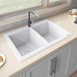 Alternate Image for Ruvati epiGranite 33" Dual-Mount Granite Composite Kitchen Sink, 50/50 Double Bowl, Arctic White, RVG1388WH