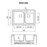 Dimensions for Ruvati epiGranite 33" Dual-Mount Granite Composite Kitchen Sink, 55/45 Double Bowl, Urban Gray, RVG1396GR