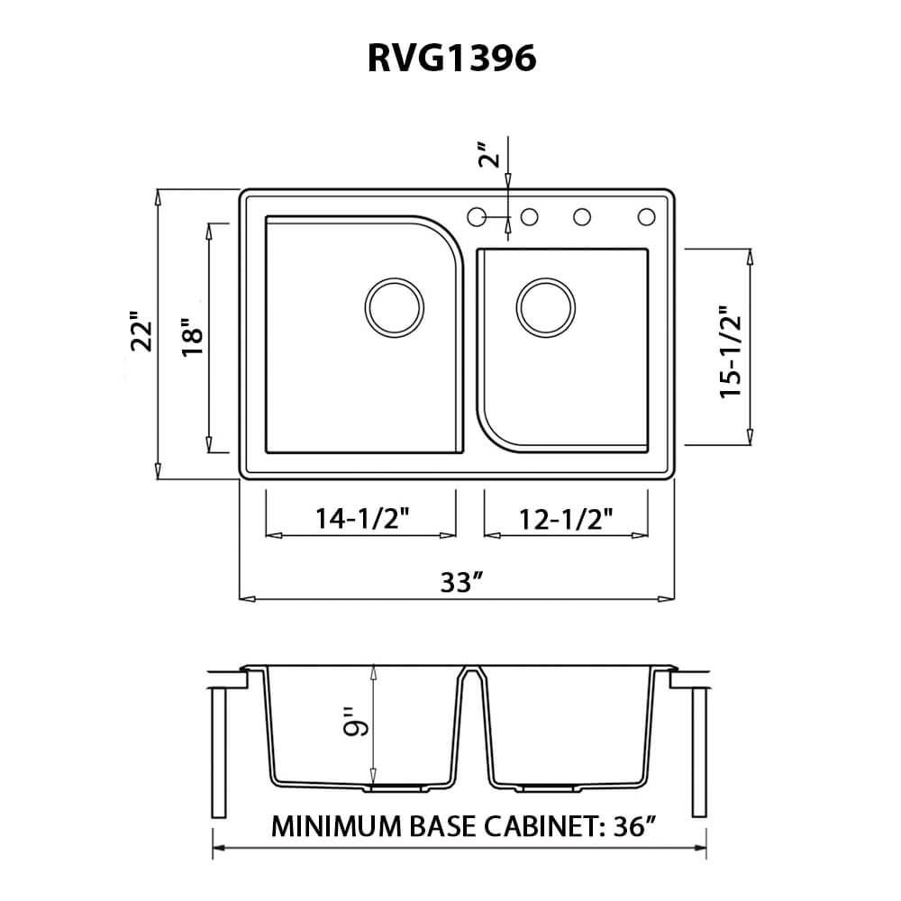Dimensions Image for Ruvati epiGranite 33" Dual-Mount Granite Composite Kitchen Sink, 55/45 Double Bowl, Midnight Black, RVG1396BK
