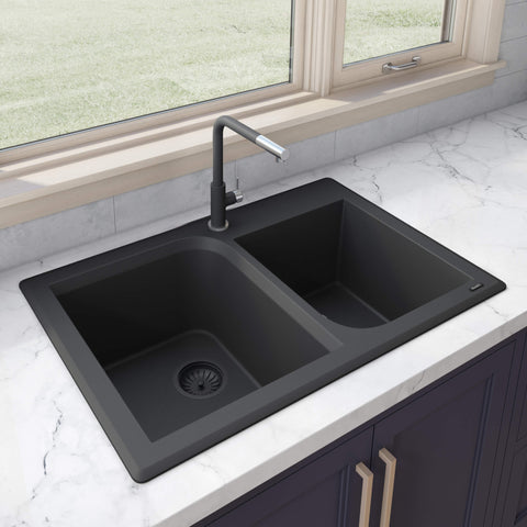 Main Image of Ruvati epiGranite 33" Dual-Mount Granite Composite Kitchen Sink, 55/45 Double Bowl, Midnight Black, RVG1396BK