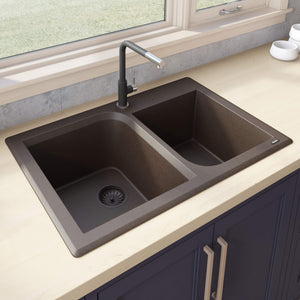 Alternate Image for Ruvati epiGranite 33" Dual-Mount Granite Composite Kitchen Sink, 55/45 Double Bowl, Espresso / Coffee Brown, RVG1396ES