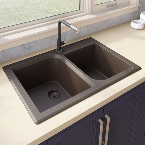Main Image of Ruvati epiGranite 33" Dual-Mount Granite Composite Kitchen Sink, 55/45 Double Bowl, Espresso / Coffee Brown, RVG1396ES