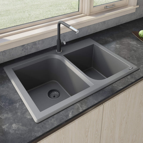 Main Image of Ruvati epiGranite 33" Dual-Mount Granite Composite Kitchen Sink, 55/45 Double Bowl, Urban Gray, RVG1396GR