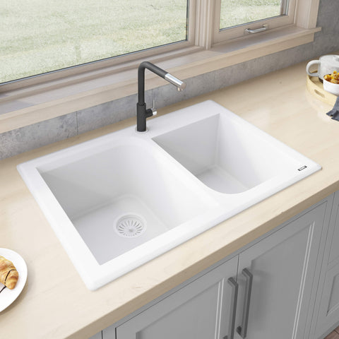Main Image of Ruvati epiGranite 33" Dual-Mount Granite Composite Kitchen Sink, 55/45 Double Bowl, Arctic White, RVG1396WH
