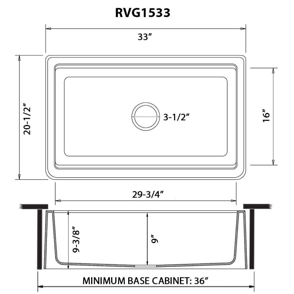 Dimensions Image for Ruvati epiCast 33" Granite Composite Workstation Apron-front Farmhouse Sink, Arctic White, RVG1533WH