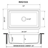 Dimensions Image for Ruvati epiCast 33" Granite Composite Workstation Apron-front Farmhouse Sink, Silver Gray, RVG1533GR