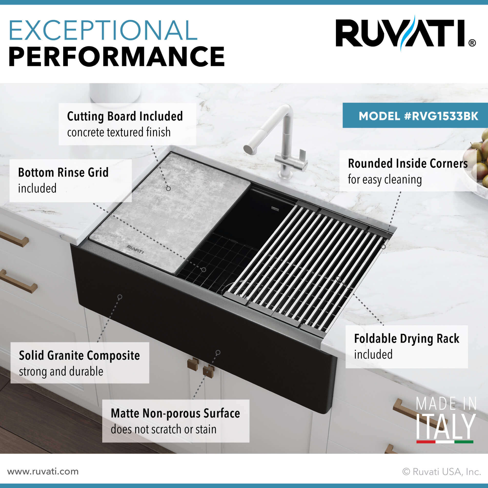 Alternative View of Ruvati epiCast 33" Granite Composite Workstation Apron-front Farmhouse Sink, Midnight Black, RVG1533BK