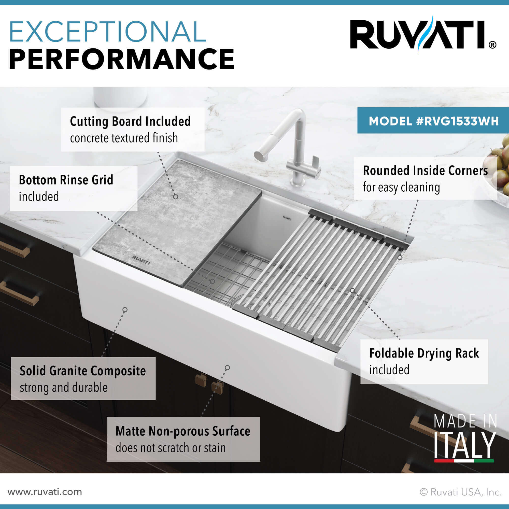 Alternative View of Ruvati epiCast 33" Granite Composite Workstation Apron-front Farmhouse Sink, Arctic White, RVG1533WH