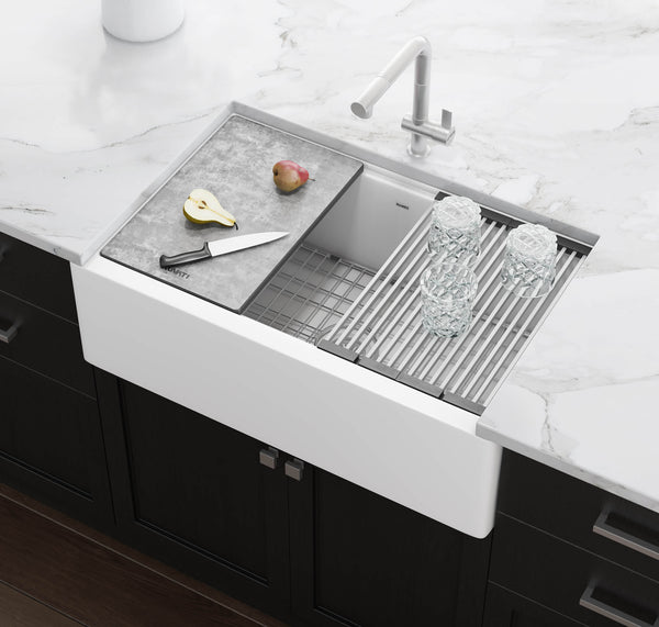 Main Image of Ruvati epiCast 33" Granite Composite Workstation Apron-front Farmhouse Sink, Arctic White, RVG1533WH