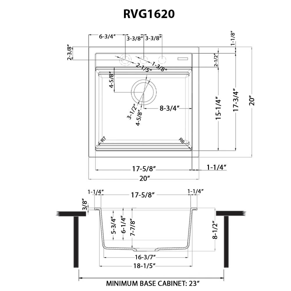 Dimensions Image for Ruvati 20-inch epiCube Granite Composite Workstation Drop-in Topmount Wet Bar Prep Sink Matte White, RVG1620WH