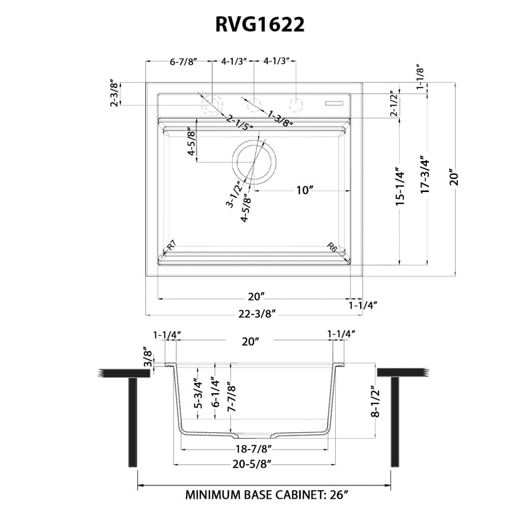 Dimensions Image for Ruvati 23-inch epiCube Granite Composite Workstation Matte Black Drop-in Topmount Wet Bar Prep Sink, RVG1622BK