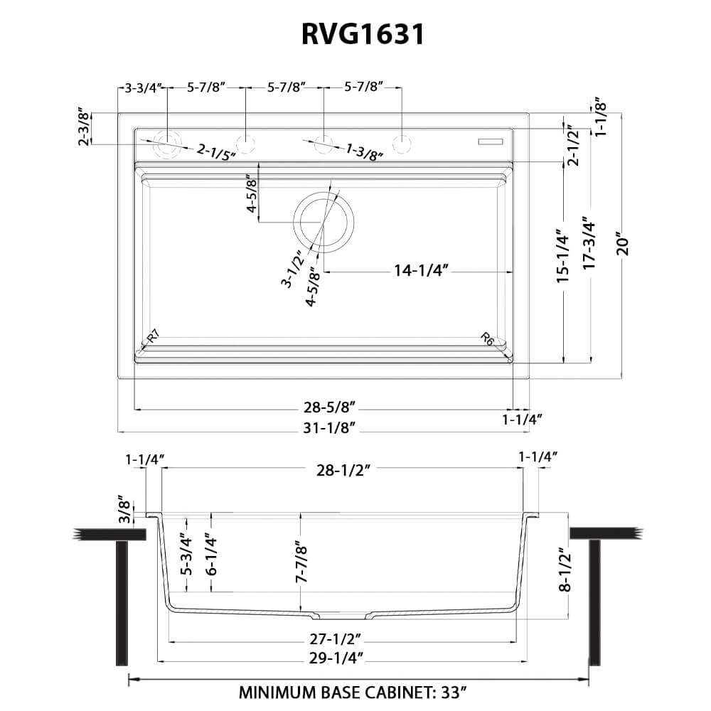 Dimensions Image for Ruvati 31-inch epiCube Granite Composite Workstation Drop-in Topmount Kitchen Sink Matte White, RVG1631WH