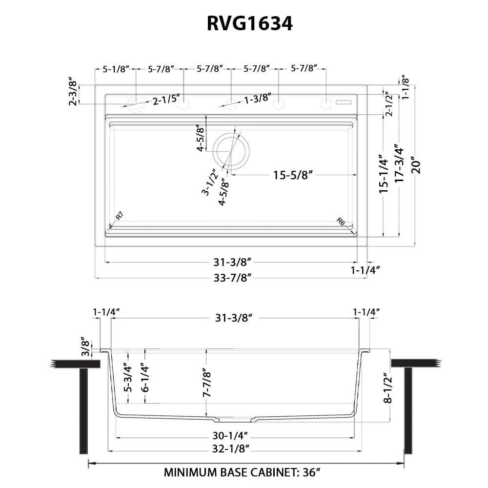 Dimensions Image for Ruvati 34-inch epiCube Granite Composite Workstation Drop-in Topmount Kitchen Sink Matte White, RVG1634WH
