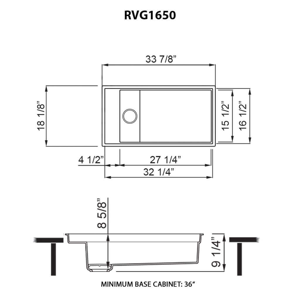 Dimensions Image for Ruvati 18 x 34 inch Granite Composite Workstation Kitchen Sink epiStage Dual Mount Single Bowl, White, RVG1650WH