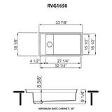 Dimensions Image for Ruvati 18 x 34 inch Granite Composite Workstation Kitchen Sink epiStage Dual Mount Single Bowl, Black, RVG1650BK