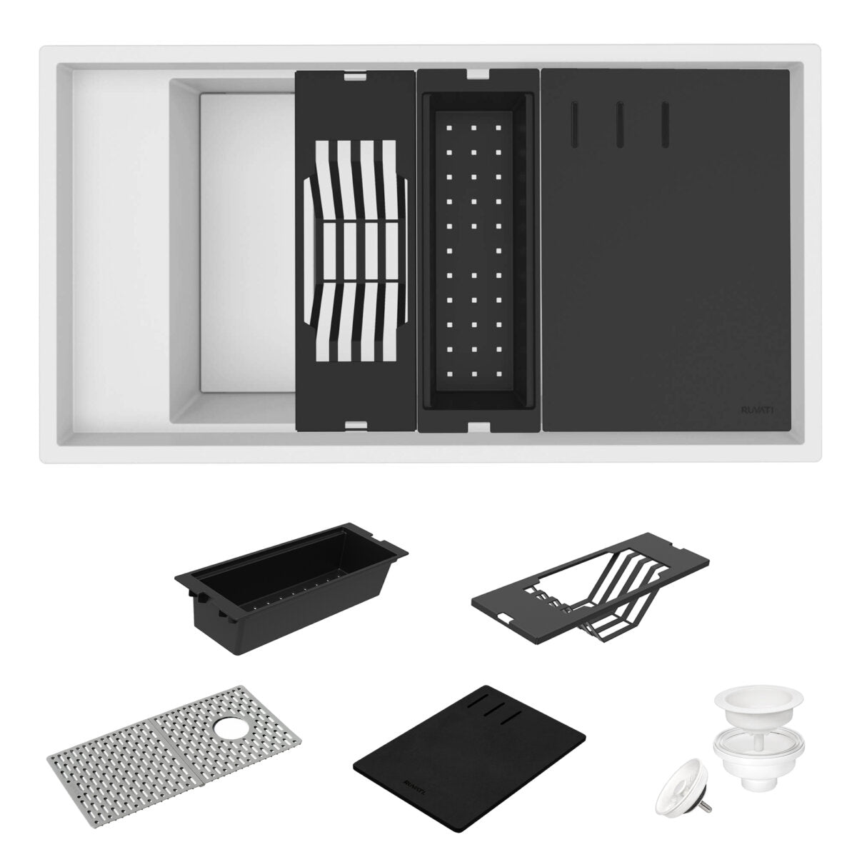 Ruvati 18 x 34 inch Granite Composite Workstation Kitchen Sink epiStage Dual Mount Single Bowl, White, RVG1650WH