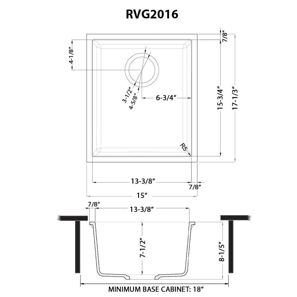 Dimensions Image for Ruvati epiGranite 15 x 17 inch Granite Composite Undermount Single Bowl Wet Bar Prep Sink, Midnight Black, RVG2016BK