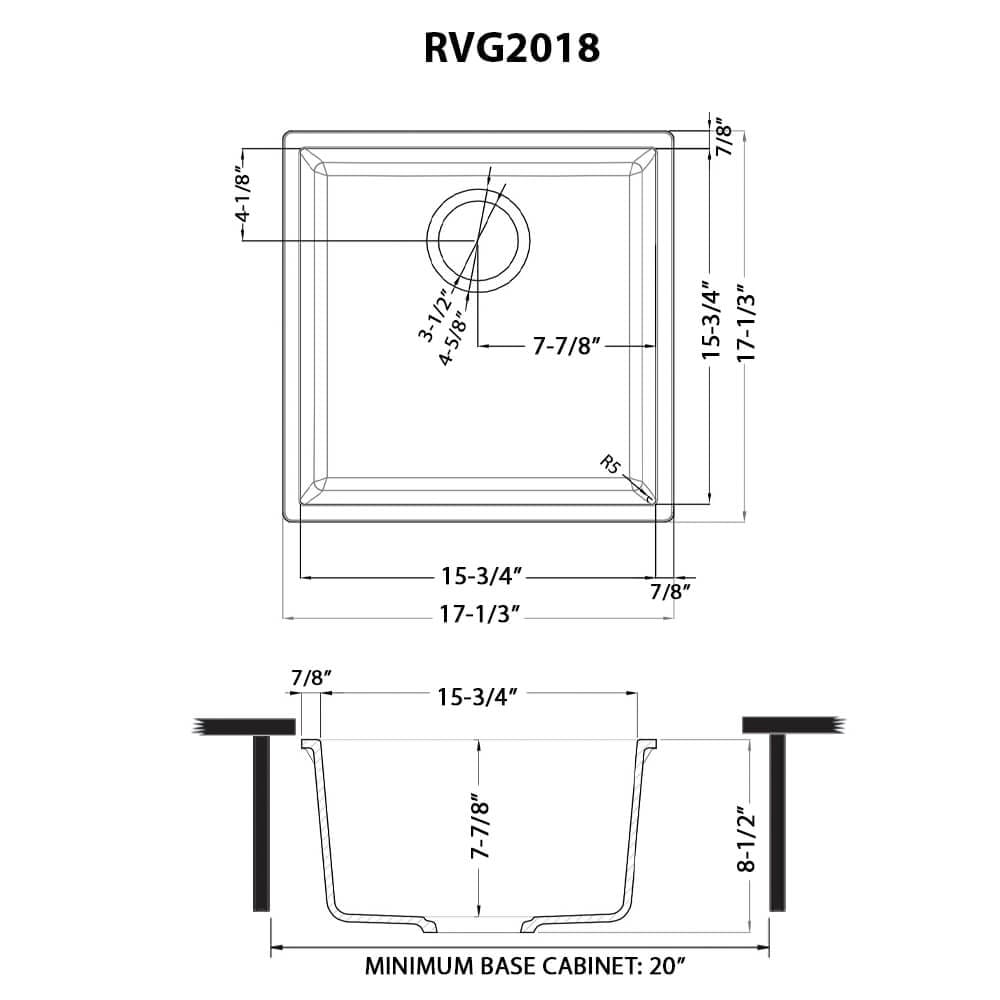 Dimensions Image for Ruvati epiGranite 17 x 17 inch Granite Composite Undermount Single Bowl Wet Bar Prep Sink, Midnight Black, RVG2018BK