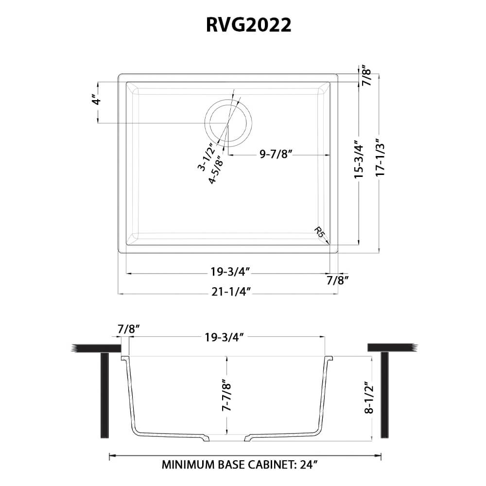 Dimensions Image for Ruvati epiGranite 21 x 17 inch Granite Composite Undermount Single Bowl Wet Bar Prep Sink, Midnight Black, RVG2022BK