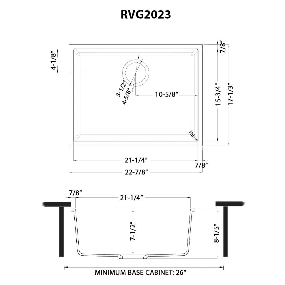 Dimensions Image for Ruvati epiGranite 23 x 17 inch Granite Composite Undermount Single Bowl Kitchen Sink, Arctic White, RVG2023WH